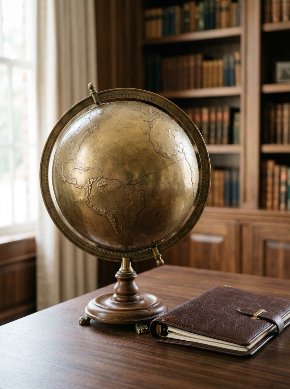 Antique brass globe on a walnut desk beside a leather folio, library shelves behind