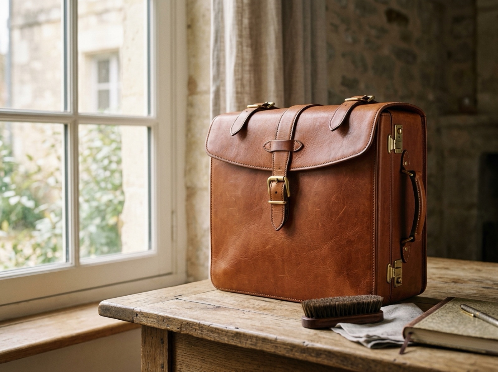 Cognac leather travel case with brass fittings on a wooden table by a window