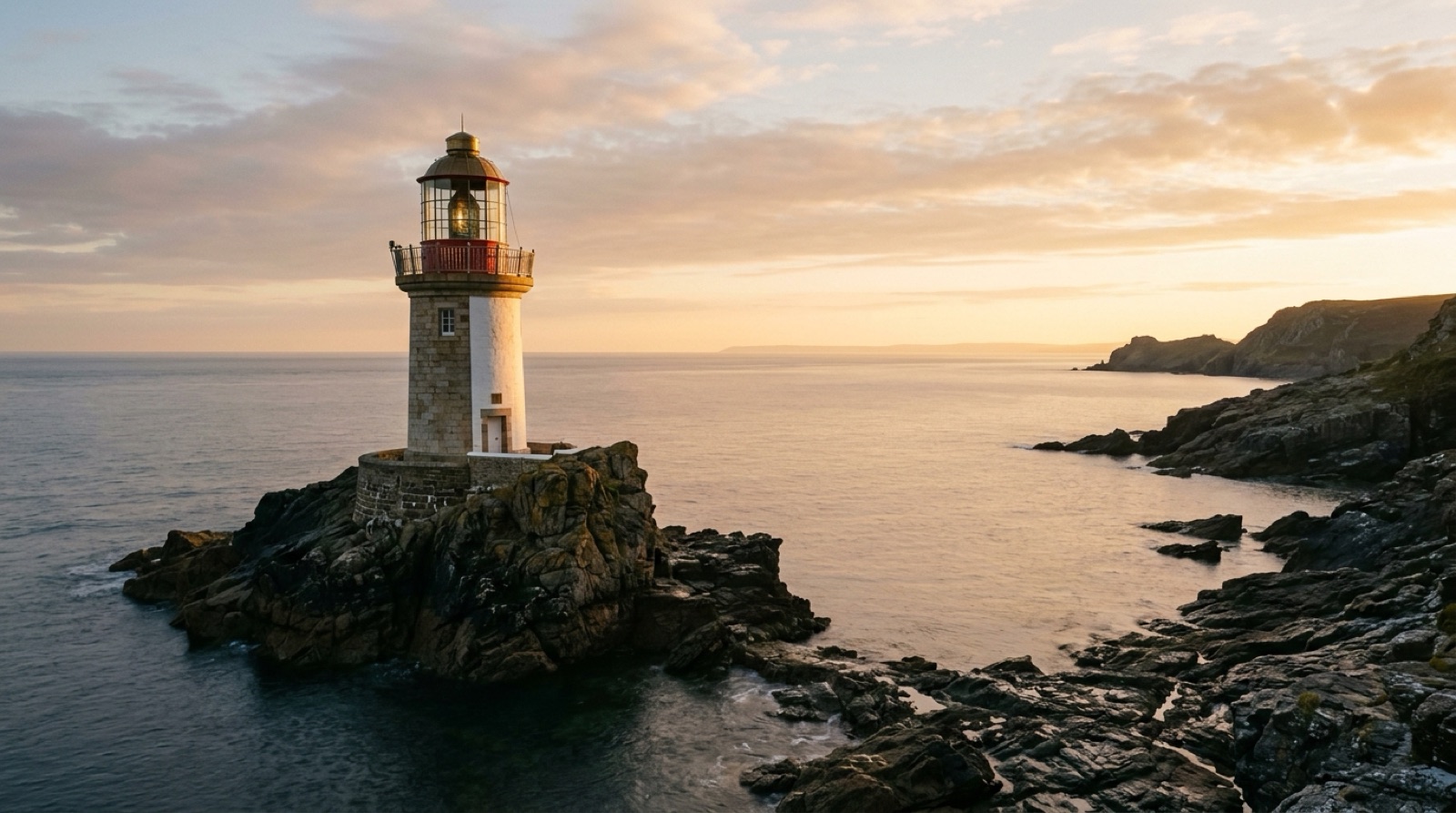Lighthouse on a rocky coastline at dawn