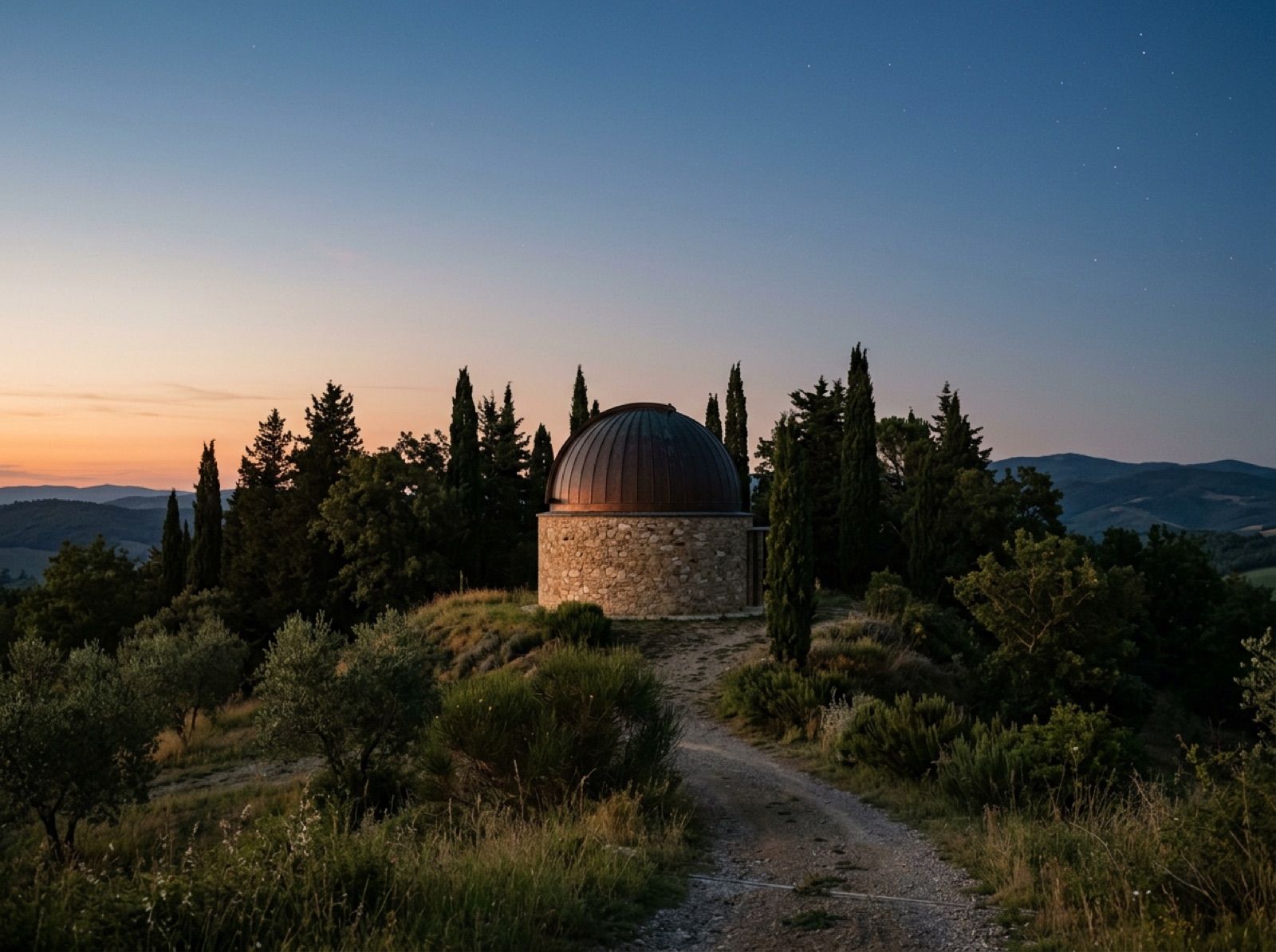 Copper observatory dome on a hilltop at dusk