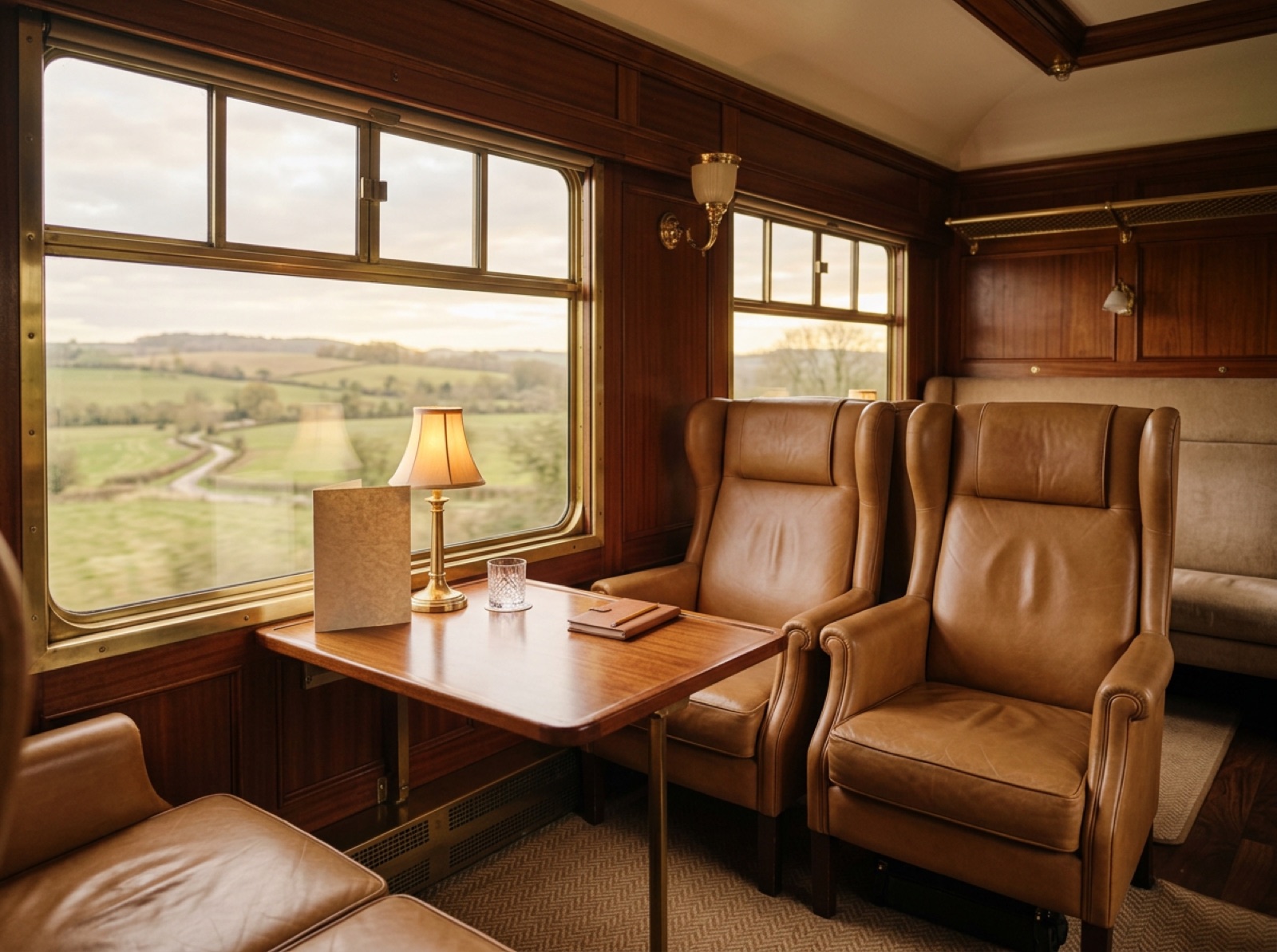 First-class private train compartment with wood panelling and leather armchairs